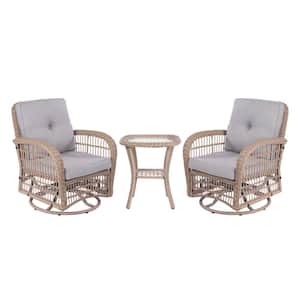3-Piece Khaki Wicker Outdoor Rocking Chair Swivel with Gray Cushions 2 Rocker Chairs and Glass Coffee Table for Patio