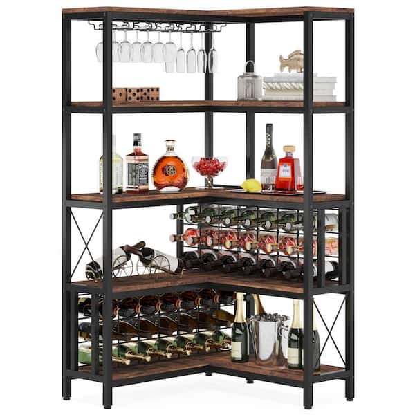 BYBLIGHT Walter 62.99 in. Brown Wood 5-Tier L-Shaped Wine Cabinet with 5-Storage Shelf, Hanging 42-Wine Bottles and 10-Glasses
