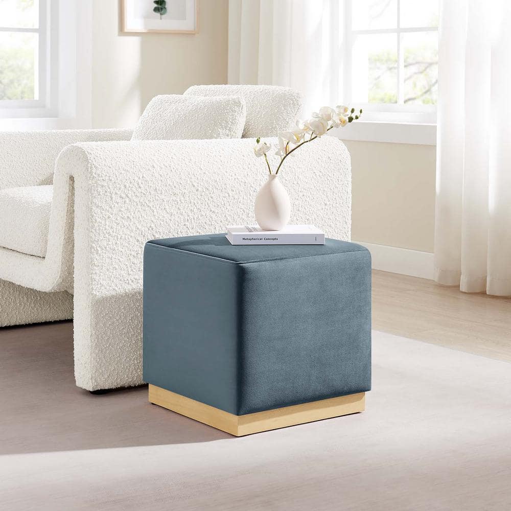 Cadet Blue Velvet Upholstered Ottoman with Rubberwood Base