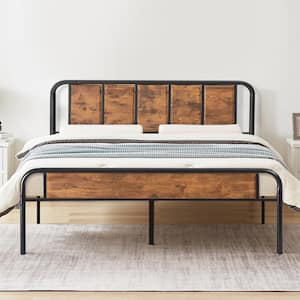 Queen size Bed Frame with Industrial Wooden Headboard, High Metal Platform Bed, No Box Spring Needed, 62"W，Brown