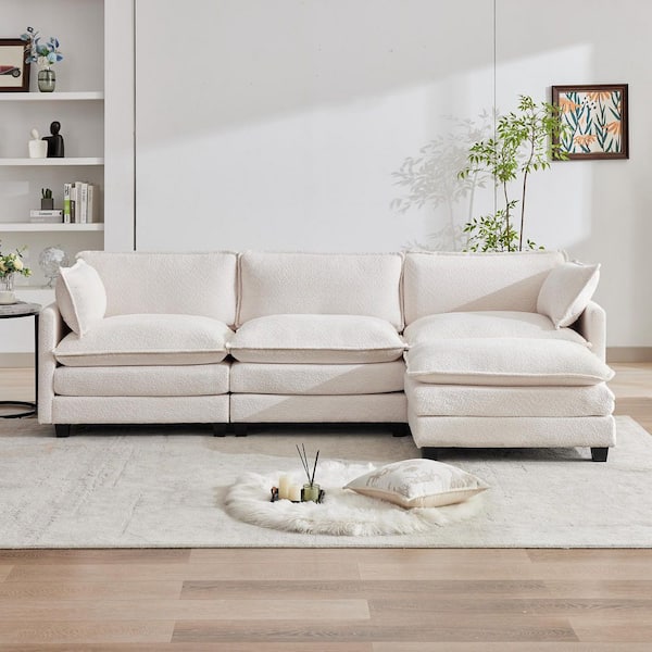 112.2 in. W 4-Piece Modern Fabric Looped Velvet Sectional Sofa with Ottoman in Beige