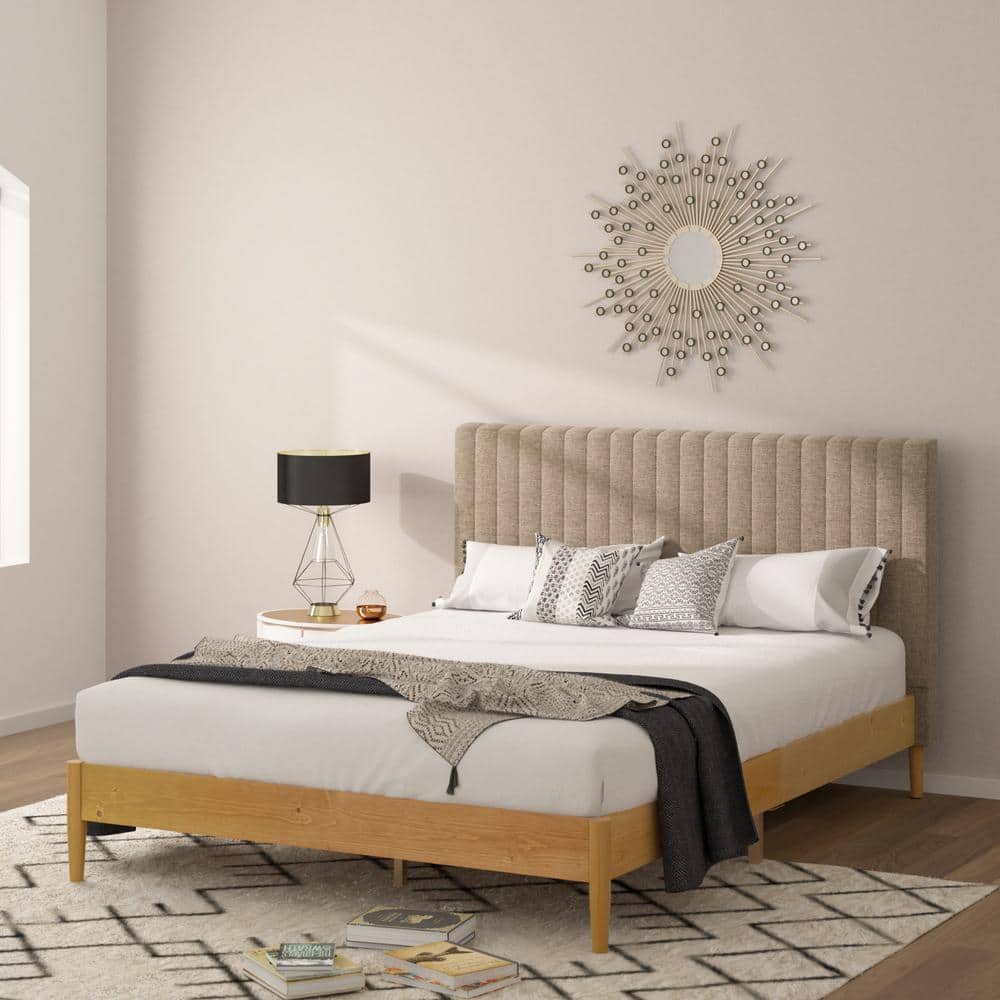 King Pine Wood Platform Bed Frame with Upholstered Headboard
