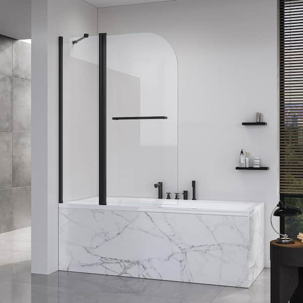 43 in. W x 58 in. H Pivot Shower Tub Door in Matte Black with 1/4 in. (6mm) Thick SGCC Tempered Clear Glass