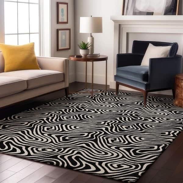 Mayfield Premium Machine Washable Abstract AMF1030 Black 8 ft. x 10 ft. Area Rug