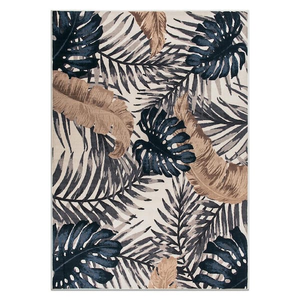 World Rug Gallery Contemporary Tropical Beige 7 ft. 10 in. x 10 ft. Floral Leaves Non Slip Area Rug