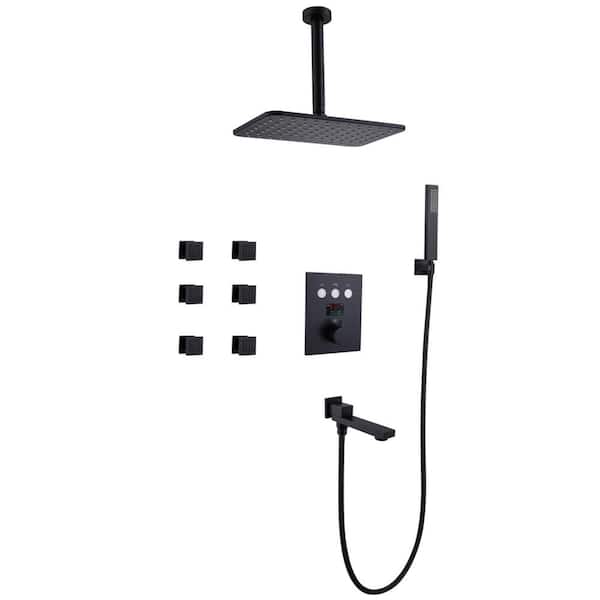 Tomfaucet Thermostatic Single-Handle 4-Spray Ceiling Mount Rainfall Shower Faucet with Tub Spout in Matte Black (Valve Included)