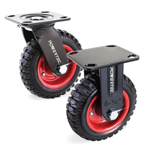 6 in. Caster Wheels Set of 2 (1 Swivel and 1 Fixed), Heavy-Duty Industrial Plate Casters with Rubber Knobby Tread