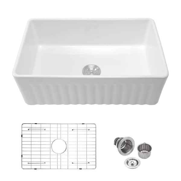 LOMC 33 in. L x 18 in. W Farmhouse/Apron-Front Single Bowl White Ceramic Kitchen Sink with Strainer