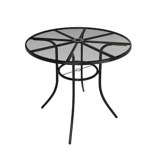 Black Steel Mesh Patio Dining Table 36 in. Outdoor Round Dining Table with Umbrella Hole for Deck Lawn Garden