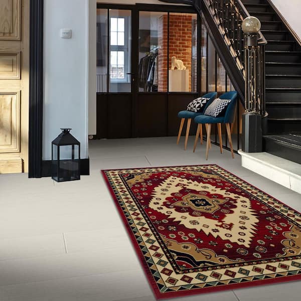 Aztec Red 8 ft. x 10 ft. Rectangle Abstract Floral Geometric Polypropylene Area Rug