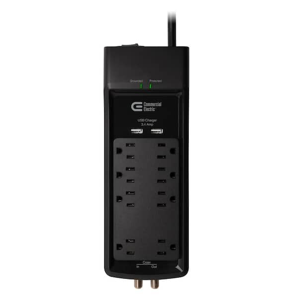 Commercial Electric 6 ft. 8-Outlet Surge Protector with Coax and USB, Black
