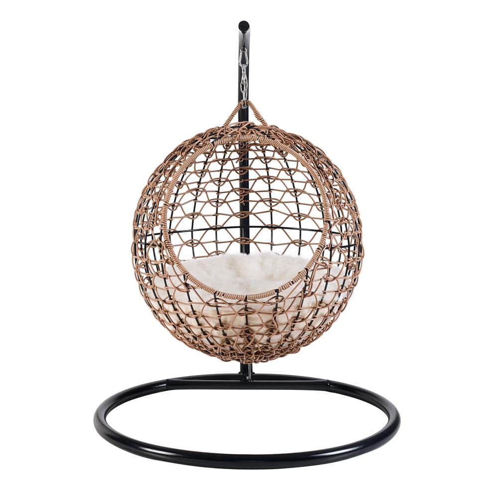 Medium Brown Rattan Hanging Egg Cat Condo with Cotton Cushion