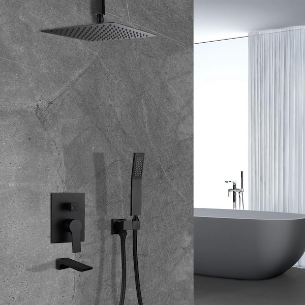 Single Handle 1-Spray Tub and Shower Faucet 2.5 GPM with 12 in. Ceiling Mount Shower Head in Black (Valve Included)