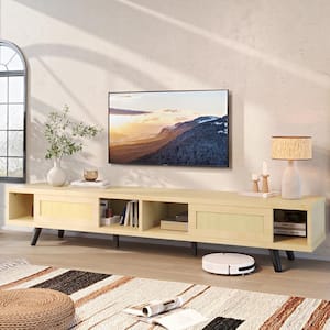 70 in. Mid-Century TV Stand with Rattan Sliding Doors and Open Shelves, Fits TVs up to 75 in. White Maple