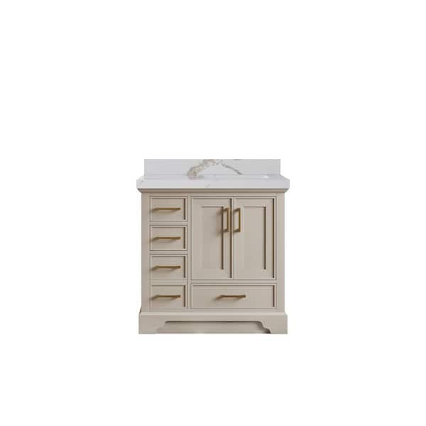 Willow Collections Charlotte 36 in. Right Offset Sink Freestanding Fine Grain Bath Vanity with Calacatta Gold Qt. Top Unassembled