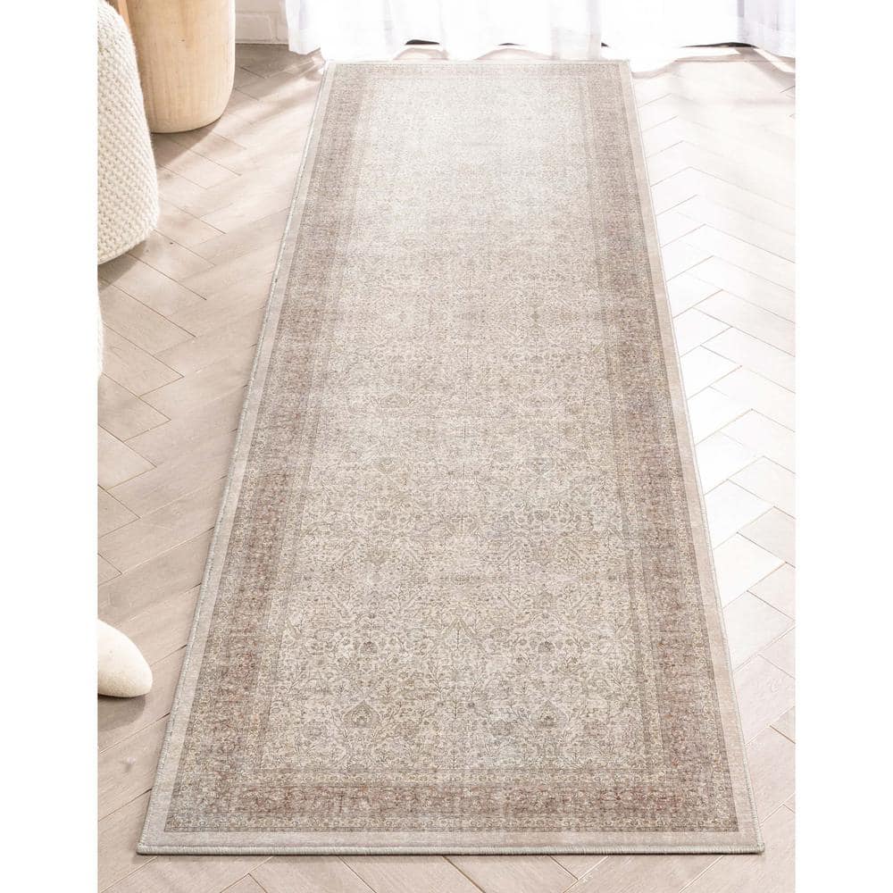 Beige Chenille Vintage Oriental Flat-Weave Runner Rug