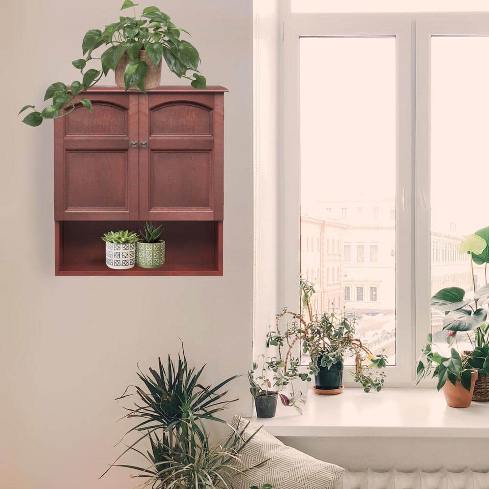 Mahogany Brown Wooden Wall Cabinet with Adjustable Shelving
