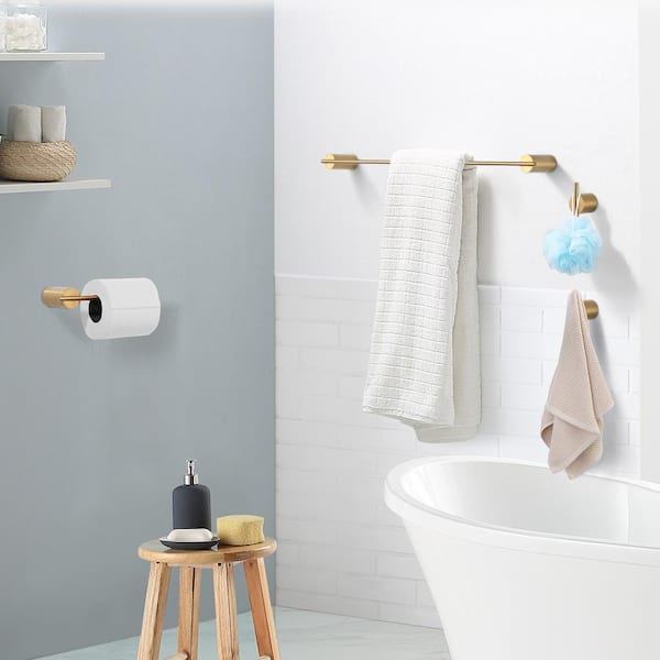 Stainless Steel 5-Piece Bath Hardware Set with 2-Towel Bars, Toilet Paper Holder and 2-Towel Hooks in Gold