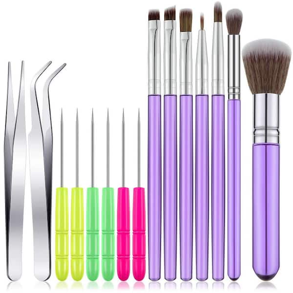 15-Piece Cake Decorating Tool Set with Brushes, Needles, and Tweezers for Fondant, Cookie, and Biscuit Decor (Purple)