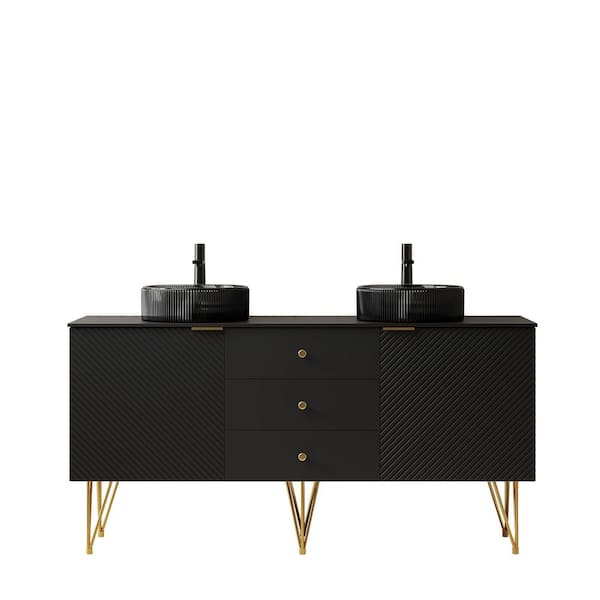 60 in. Freestanding Black Bath Vanity with Black Sintered Stone Top Assembled