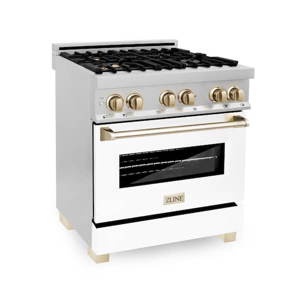 ZLINE Kitchen and Bath Autograph Edition 30 in. 4 Burner Dual Fuel Range in Stainless Steel, White Matte and Polished Gold