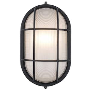 Aria 11 in. 1-Light Black Oval Bulkhead Outdoor Wall Light Fixture with Ribbed Glass