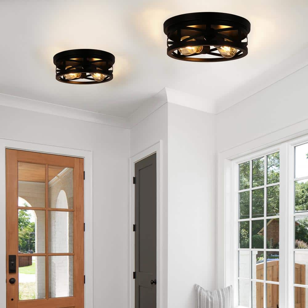 Black Metal Cage Drum Flush Mount Ceiling Light, 2-Pack