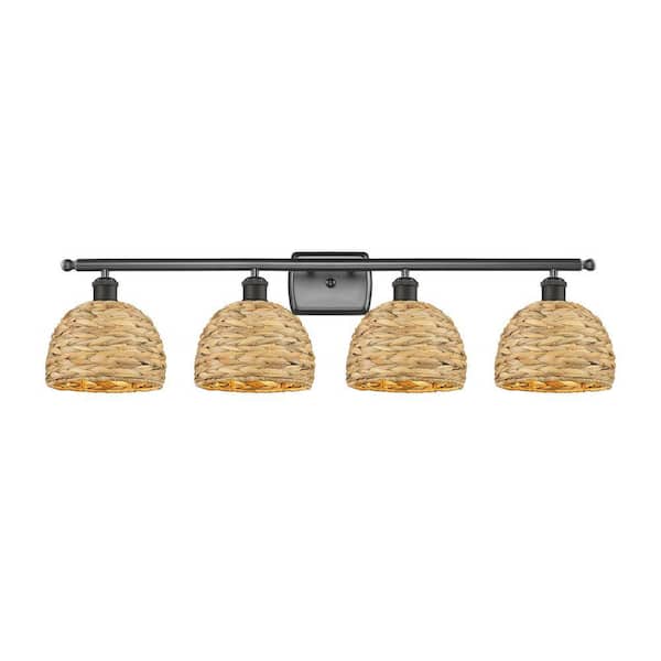Woven Rattan 38 in. 4-Light Oil Rubbed Bronze Vanity Light with Rattan Shade