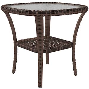 Wicker Outdoor Side Table with Storage Shelf and Glass Top for Garden, Porch, Backyard, Mix Brown