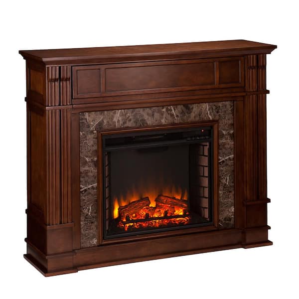 Southern Enterprises Rochester 48 in. Faux Stone Electric Fireplace TV Stand in Whiskey Maple
