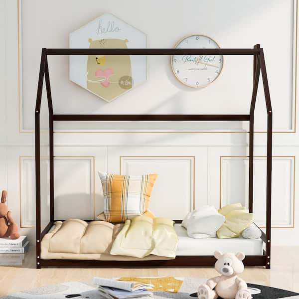 Espresso Twin Size Wooden House Bed House Shape Floor Bed Frame Wood House Bed for Boys and Girls