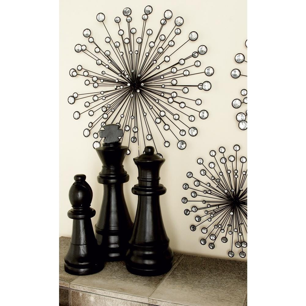 Black Metal Starburst Wall Sculpture Set with Crystal Embellishments