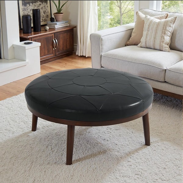 Black Leather Round Ottoman (Set Of 1)