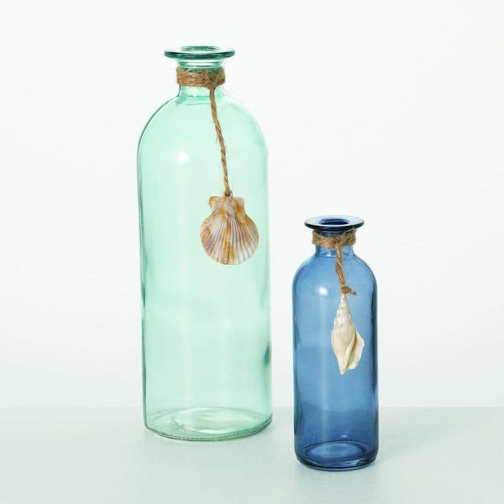 Sea-Blue Glass Bottle Vase Set with Jute and Seashell Accents