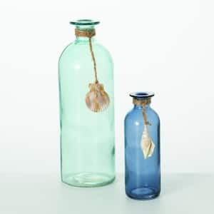 10.25" & 6.25" Sea-Blue Bottle Vase Set of 2