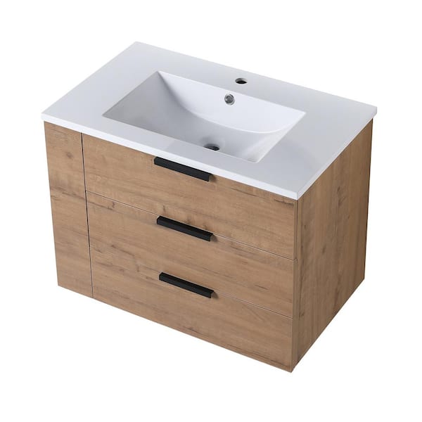 INSTER 30 in. W x 18.3 in. D x 22.4 in . H Bathroom Vanity in Brown with Glossy White Resin Basin Top (Left Shelves)