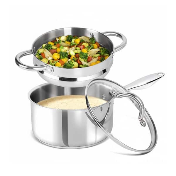 3-Piece Stainless Steel Saucepan Set with Glass Lid and Steamer Pot Induction Compatible Oven Safe Pour Spout