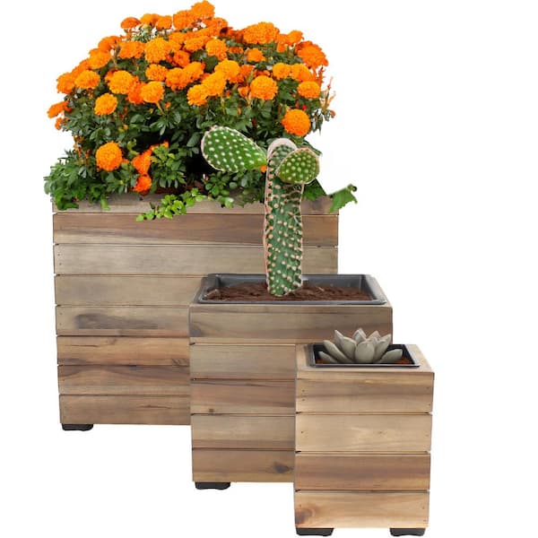Sunnydaze 3-Piece Acacia Wood Square Planter Boxes with Plastic Liners - Anthracite Stain