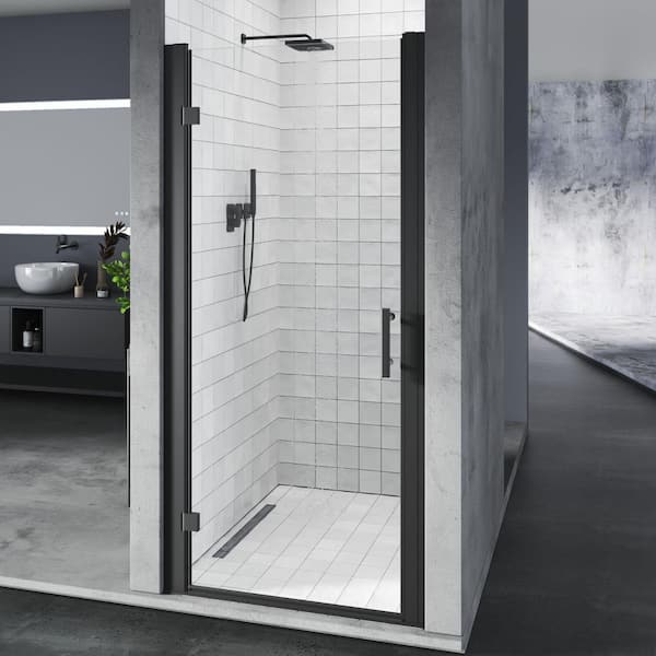 34 in. to 36 in. W x 72 in. H Pivot Hinged Swing Frameless Shower Door in Black with Clear Glass