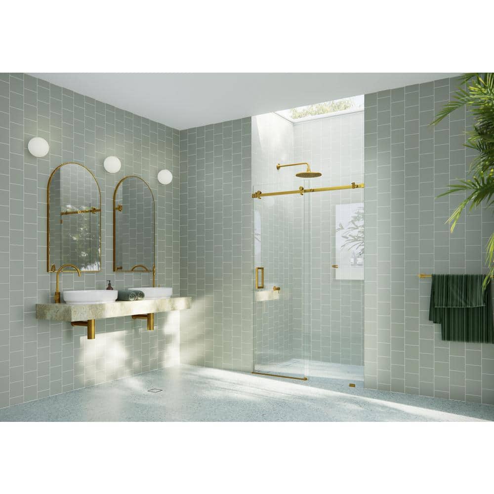 Astro Frameless Glass Sliding Shower Door with Satin Brass Hardware