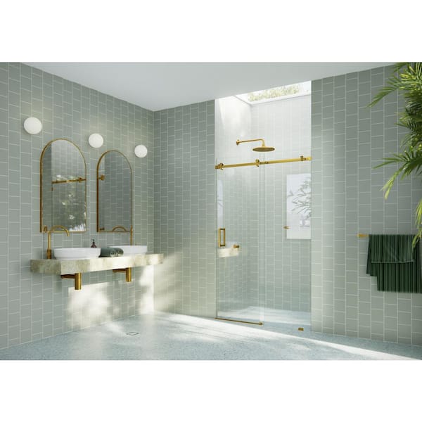 Glass Warehouse 48 in. W x 78 in. H Sliding Frameless Shower Door with Square Hardware in Satin Brass
