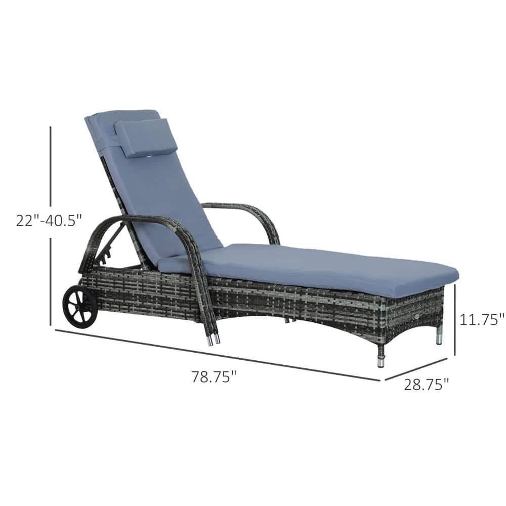 Blue Steel Wicker Chaise Lounge with Cushion and Wheels
