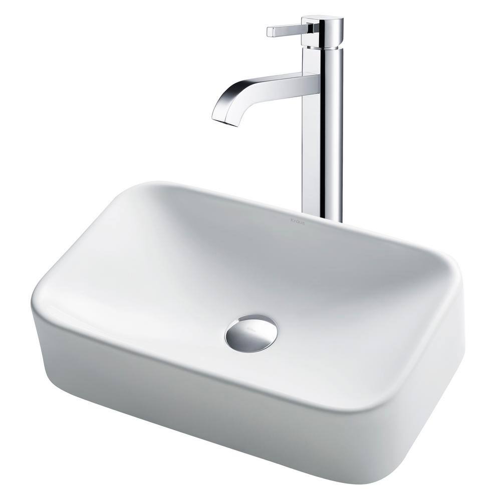 White Ceramic Rectangular Vessel Sink with Chrome Faucet
