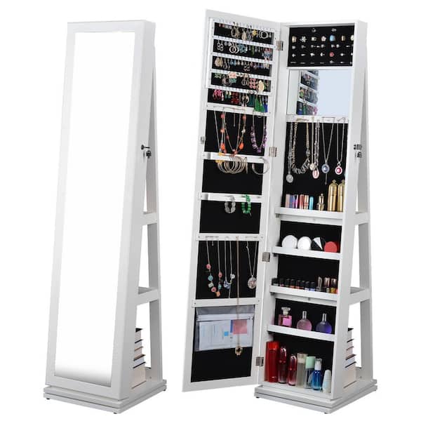 White 15.75 in. W x 60.15 in. H Rectangle Metal Full Length Mirror 360° Swivel Jewelry Cabinet