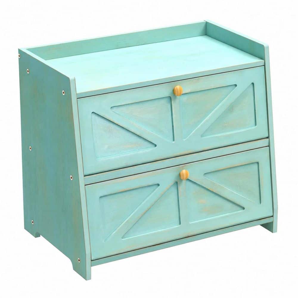 1 Piece Antique Blue Bamboo Double Layer Bread Box for Kitchen Counter Large Capacity Storage Bin