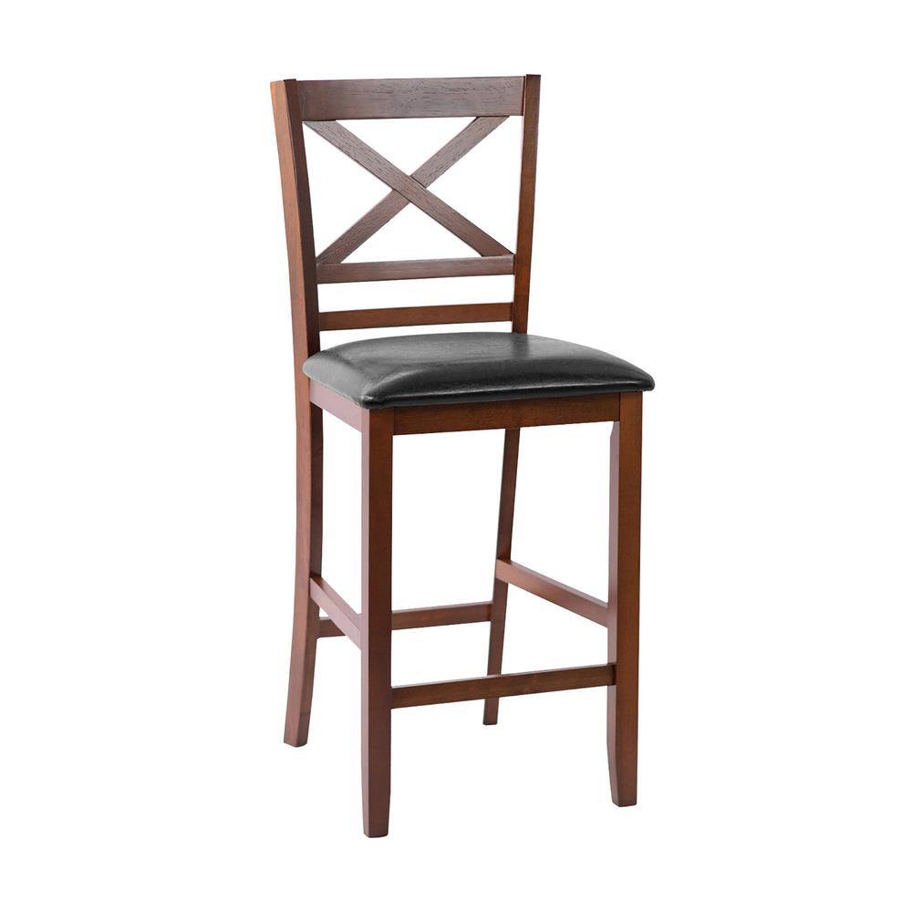 Elegant 25'' Black Leather & Glossy Walnut Wood Counter Stools, Set of 4