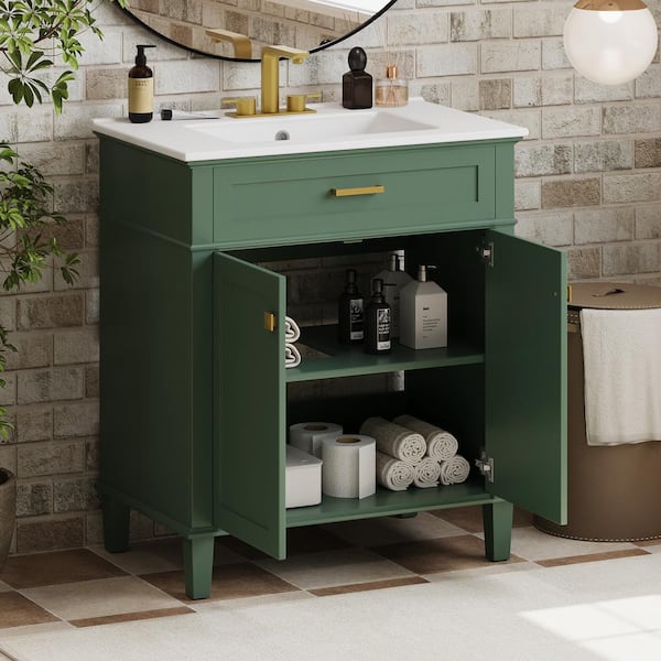 30 in. W Freestanding Bath Vanity in Green with White Ceramic Top and Sink, Adjustable Shelves