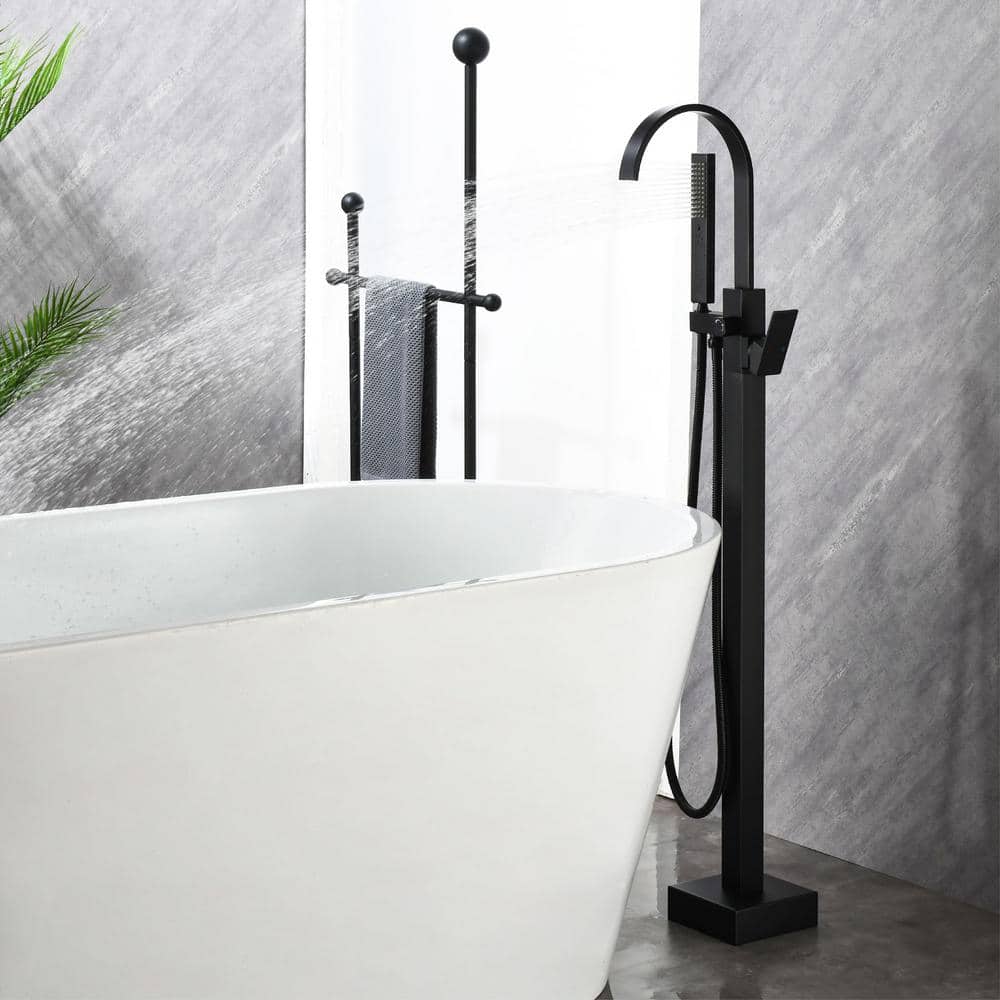 Matte Black Brass Freestanding Waterfall Tub Faucet with Hand Shower