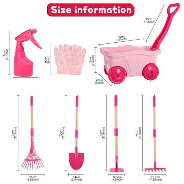 Kids Seven Piece Gardening Tool and Wheelbarrow Set with Metal