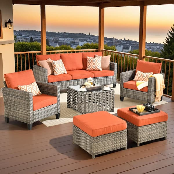 Audrey Gray 6-Piece Wicker Swivel Outdoor Patio Conversation Sofa with Coffee Table And Orange Red Cushions